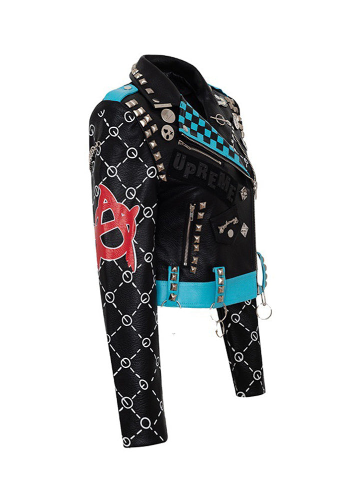 Cool Wanna Be Me Graffiti Cropped Leather Locomotive Jacket-xinru