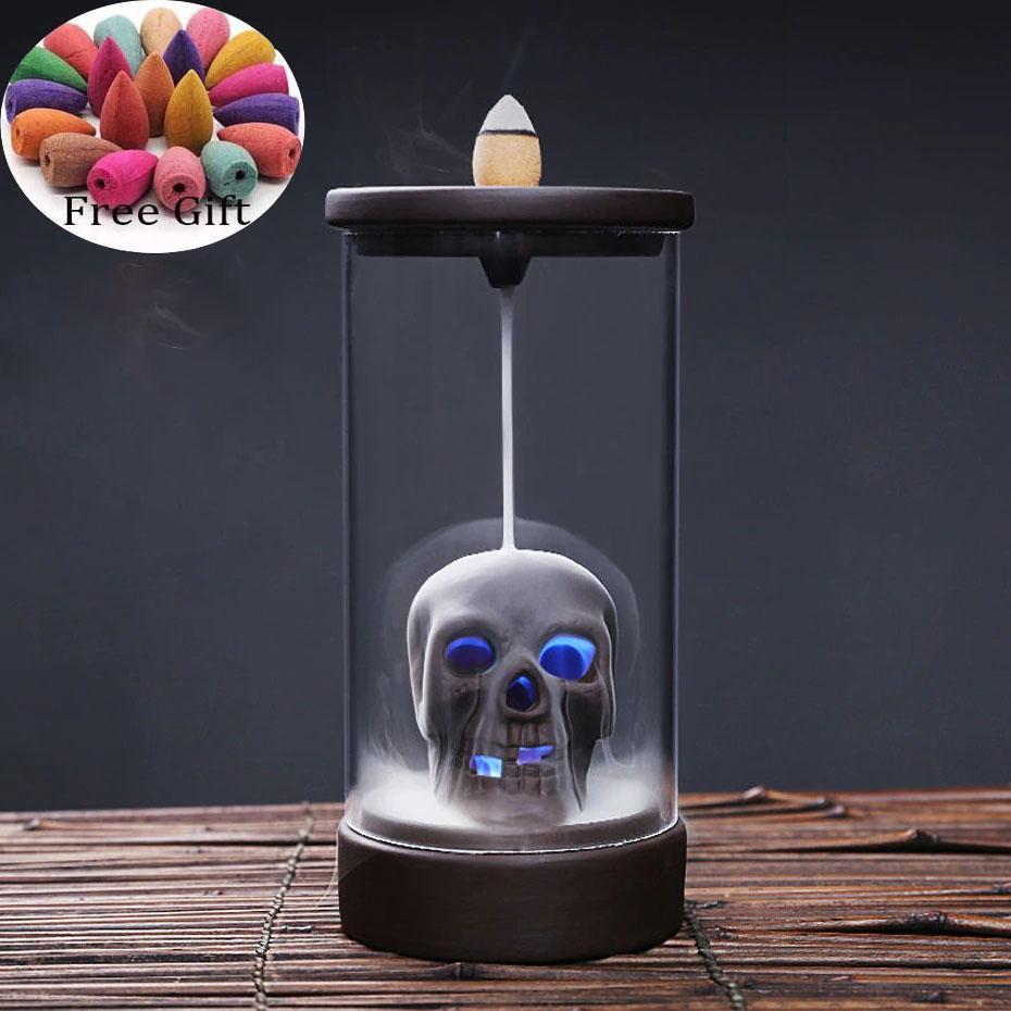 LED Skull Smoke Waterfalls Incense Burner With Acrylic Windproof Cover Zen Decor-xinru