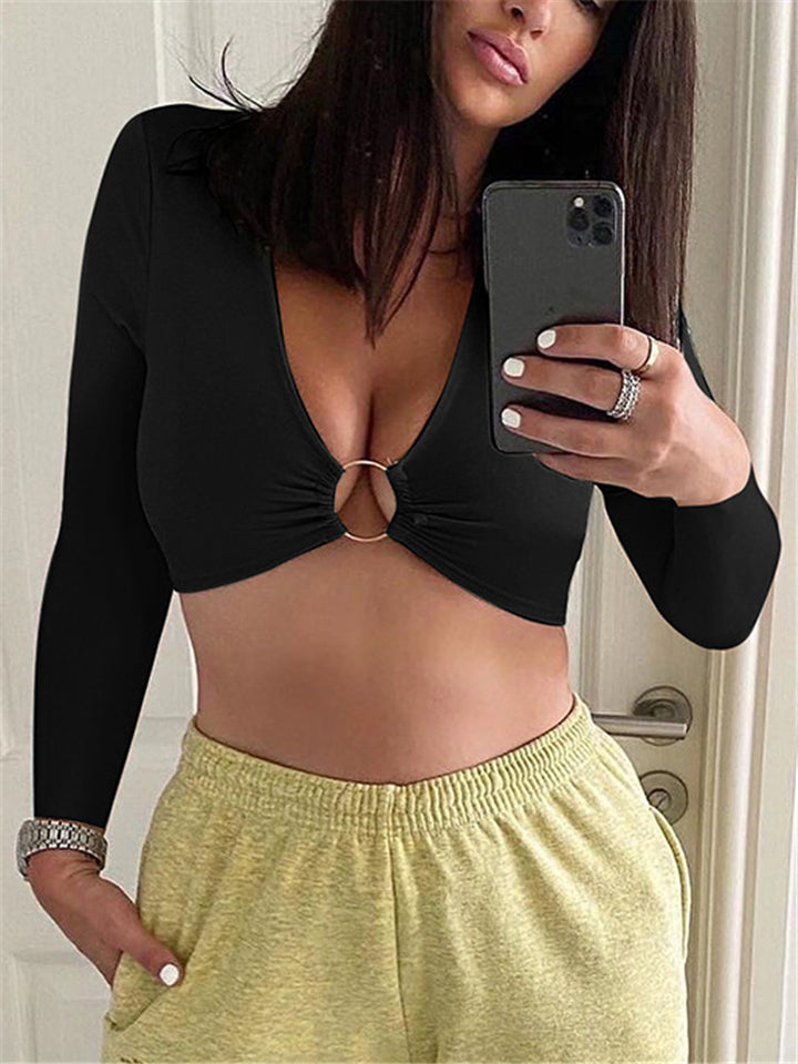 Women Long Sleeve Crop Tops Solid Color V-neck Hollow Out Ring Tops-xinru