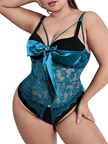 Romwe Women's Self Knot Front Teddy Lingerie One Piece Floral Lace Bodysuit Babydoll-xinru