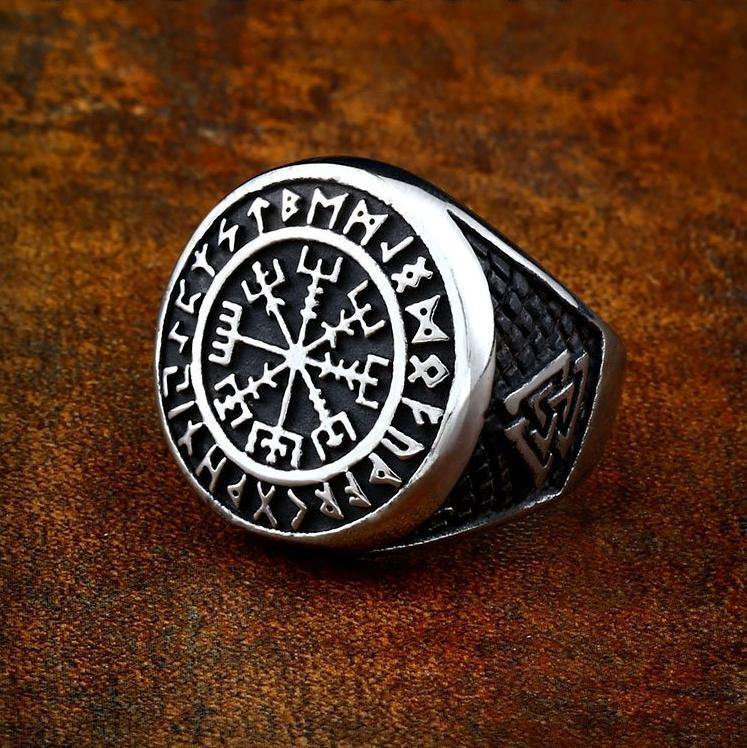 Mens Gold Viking Vegvisir Compass Signet Rune Ring Stainless Steel-xinru