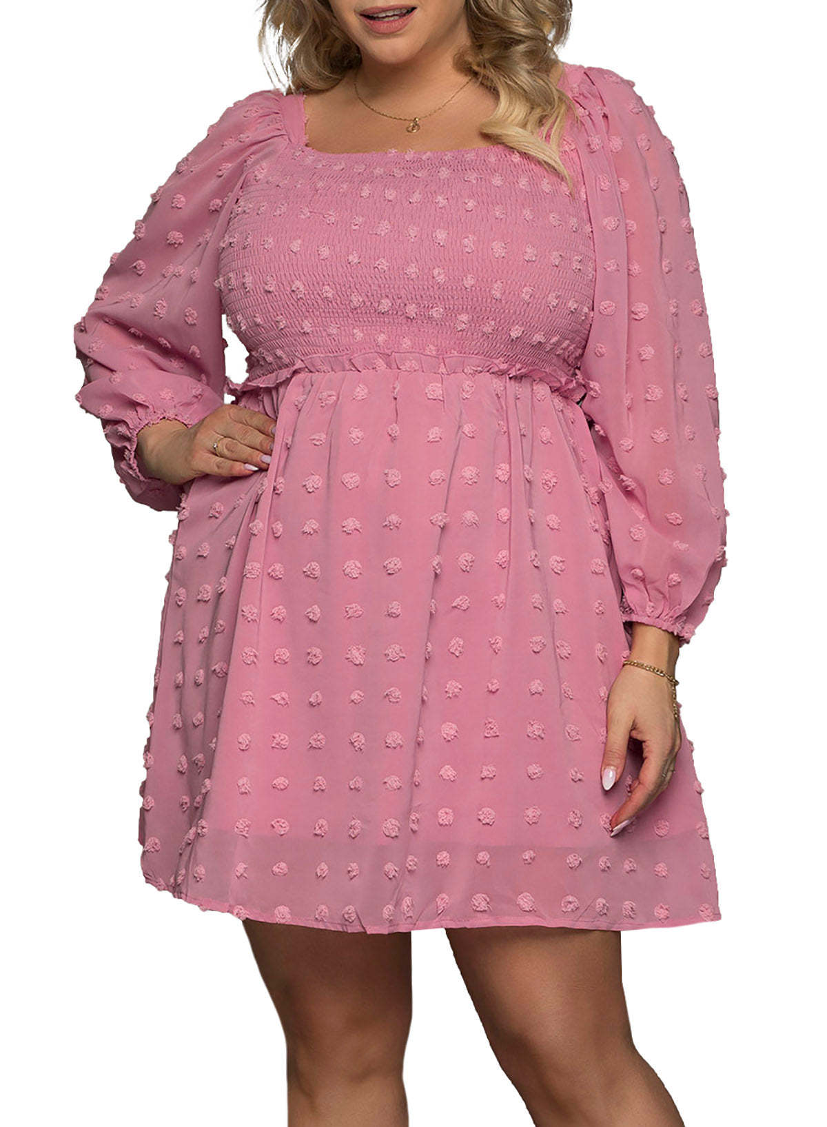 Pink Swiss Dot Smocked Puff Sleeve Plus Size Dress-xinru