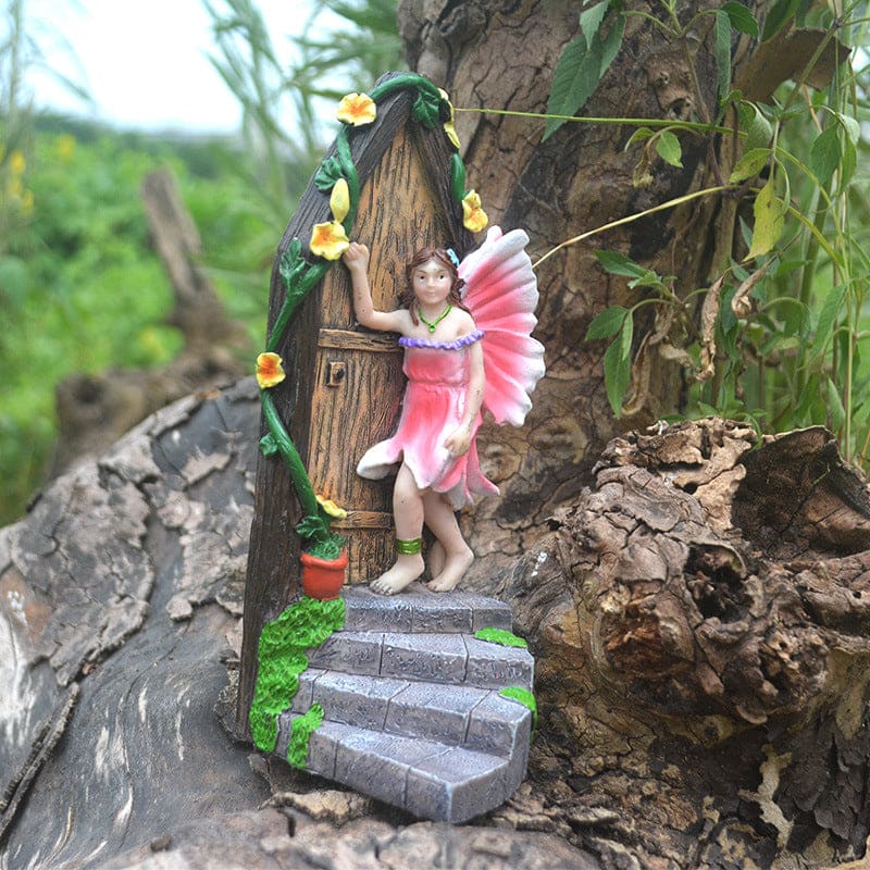 Fairy Garden Statue Small Elf Knocking On The Door Handmade Resin Art Ornament-xinru