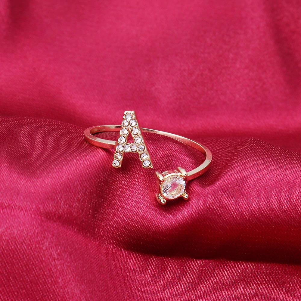 Golden Adjustable A-Z Personalized Initial Letter with Rhinestone Rings-xinru
