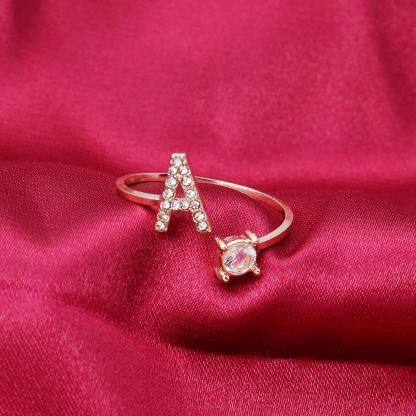 Golden Adjustable A-Z Personalized Initial Letter with Rhinestone Rings-xinru