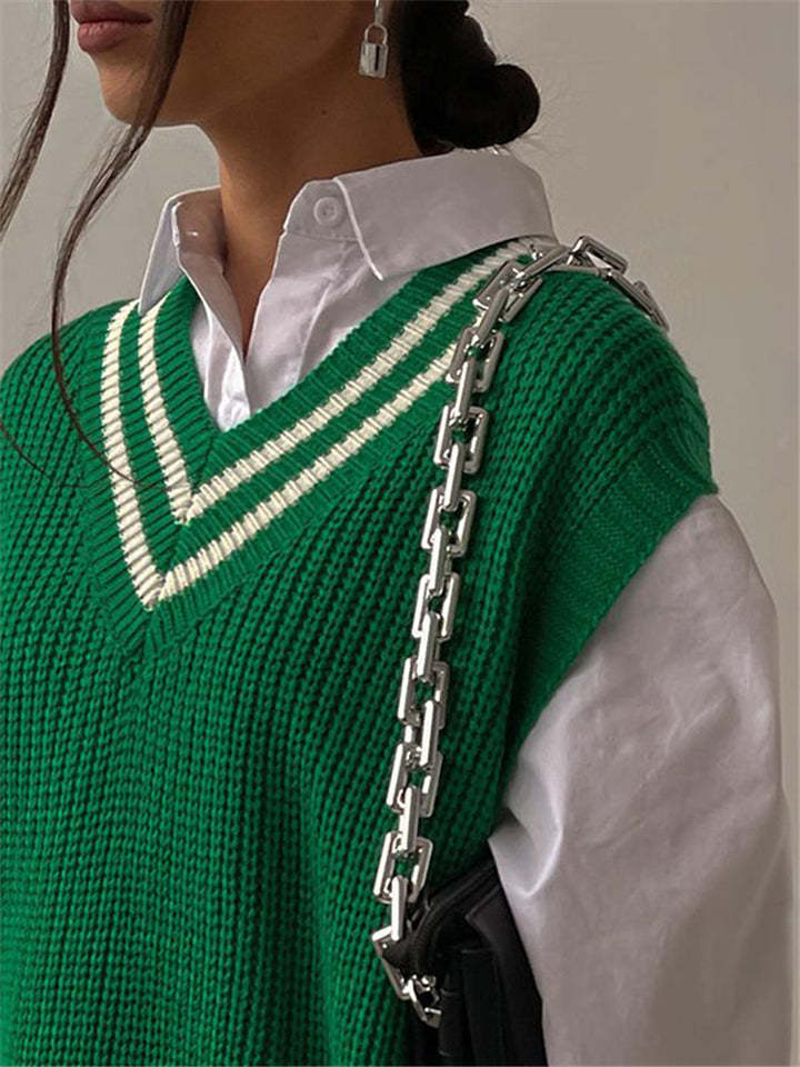 Green Knit Women's V-Neck College Tank Sweater Top-xinru
