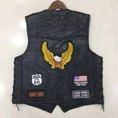 Hand Embroidery Motorcycle Leather Vest For Rider Golden Eagle-xinru shop