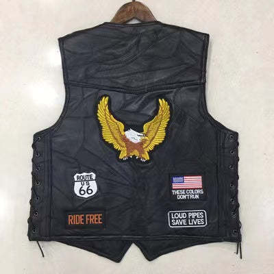 Hand Embroidery Motorcycle Leather Vest For Rider Golden Eagle-xinru shop