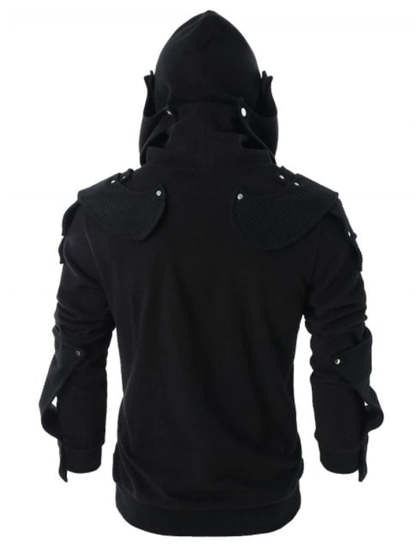 Man Rivet Long Sleeve Drawstring Pullover Black Hoodie-xinru