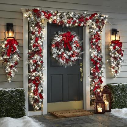 The Cordless Prelit Red And White Holiday Trim Christmas Wreath-xinru shop