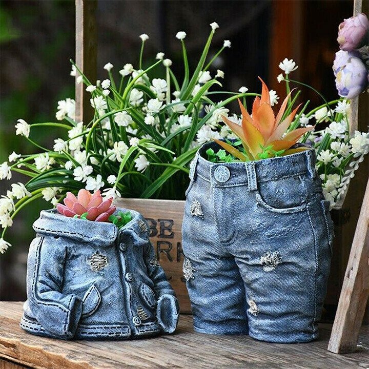 Denim Clothes Pants Resin Flower Pot Statue Retro Garden Ornament-xinru