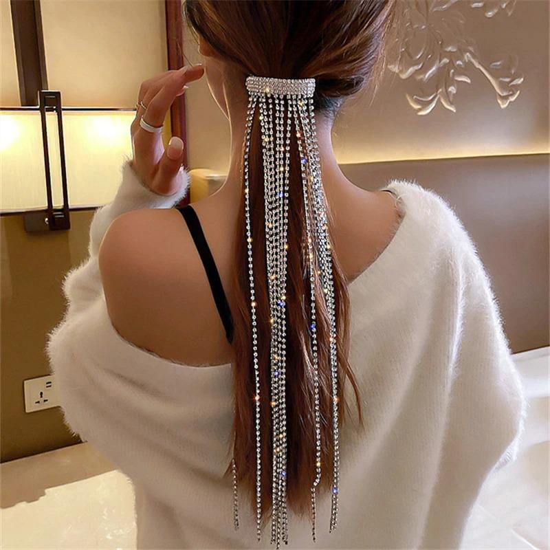 Gleaming Multi-strand Rhinestone Ponytail Long Tassel Hair Clip-xinru