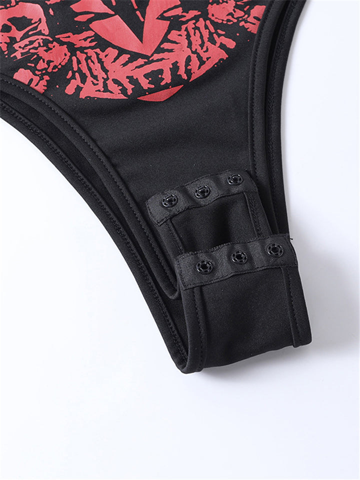 Women's Goth Punk Baphomet Dragon Print Backless Red Bodysuit-xinru