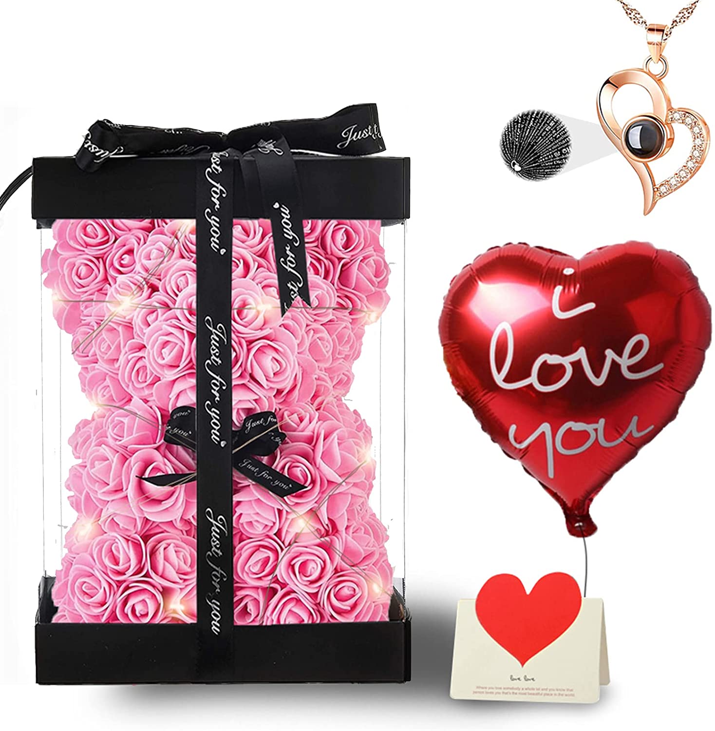 Mother's Day Gift Rose Bear With Light String Necklace Balloon Card Box-xinru