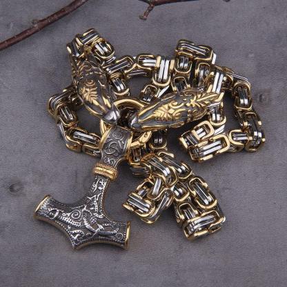 Viking Wolf Head Nordic Amulet Thor's Hammer Pendant Necklace-xinru
