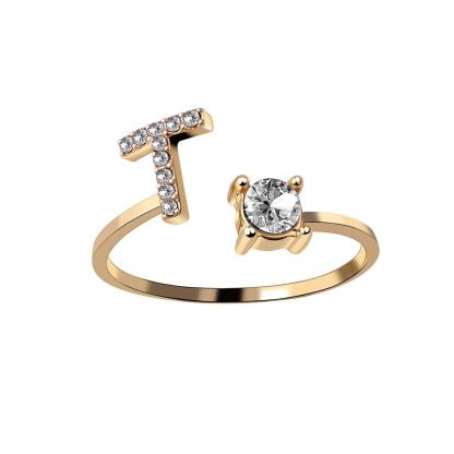 Golden Adjustable A-Z Personalized Initial Letter with Rhinestone Rings-xinru