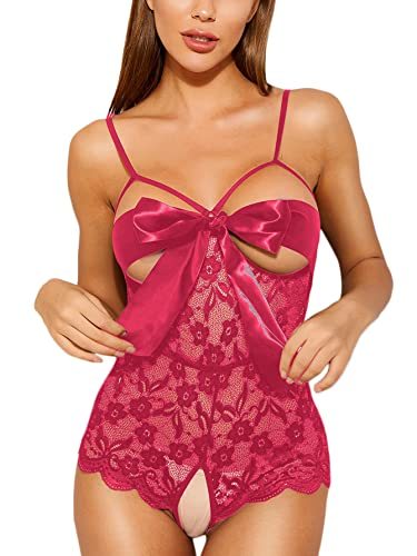 Romwe Women's Self Knot Front Teddy Lingerie One Piece Floral Lace Bodysuit Babydoll-xinru