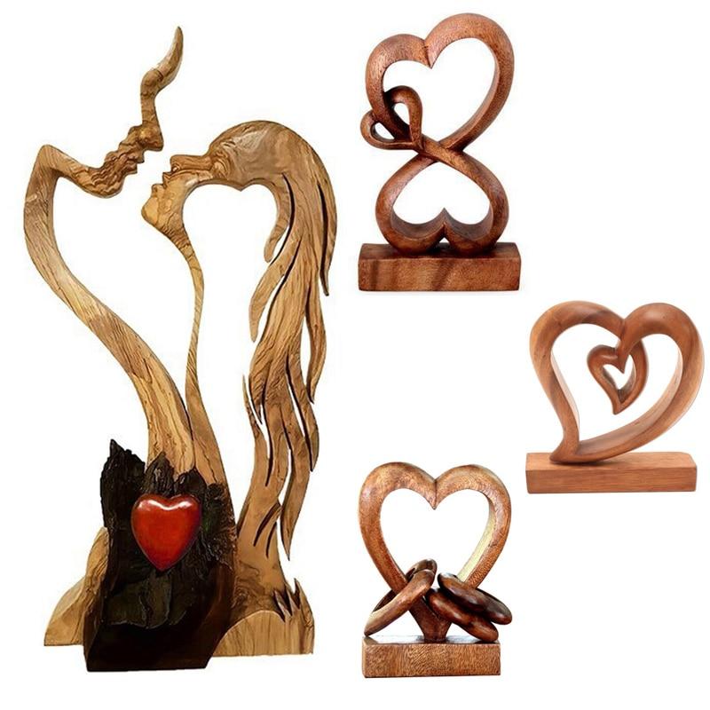 Wooden Heart Ornaments Sculpture Couple Kissing Statue Love Art-xinru