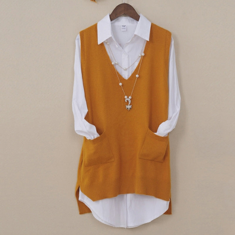 Mid-length Loose Sweater Vest Wool Bottom shirt V-neck Waistcoat-xinru