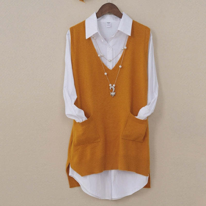 Mid-length Loose Sweater Vest Wool Bottom shirt V-neck Waistcoat-xinru