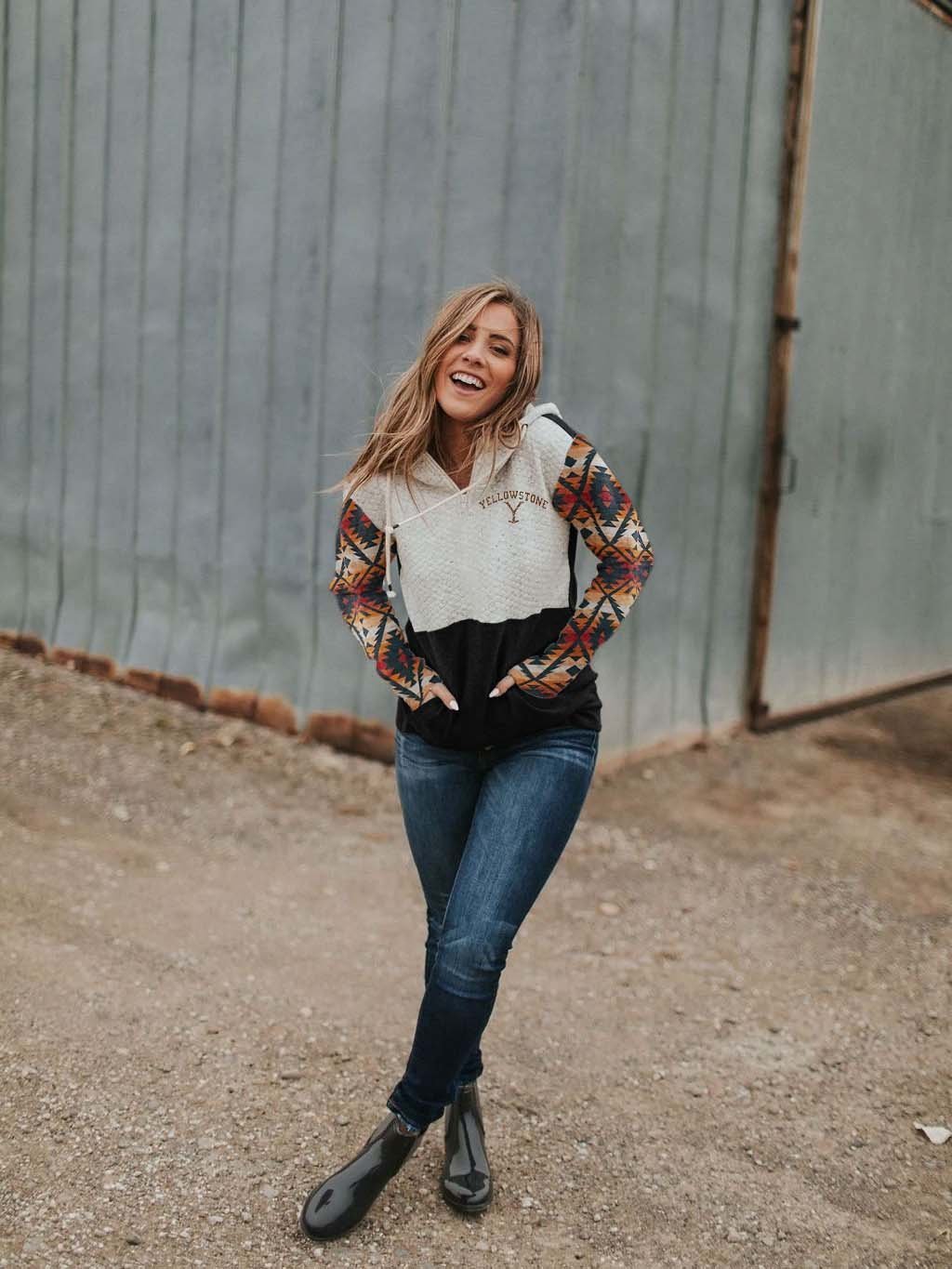 Women's Yellowstone Western Print Hood Collar Colorblock Pocket Sweatshirt-xinru shop