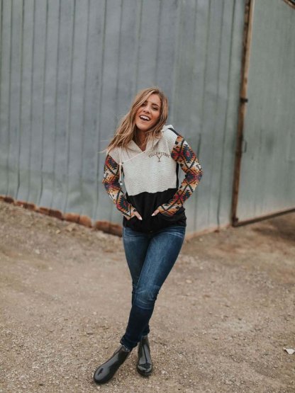 Women's Yellowstone Western Print Hood Collar Colorblock Pocket Sweatshirt-xinru shop