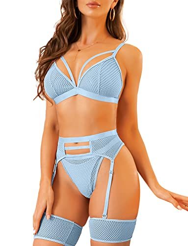 Women's 4 Pieces Exotic Lingerie Set Strappy Fishnet Lingerie Lace Bra and Panty Sets High Waisted Mesh Underwear-xinru shop