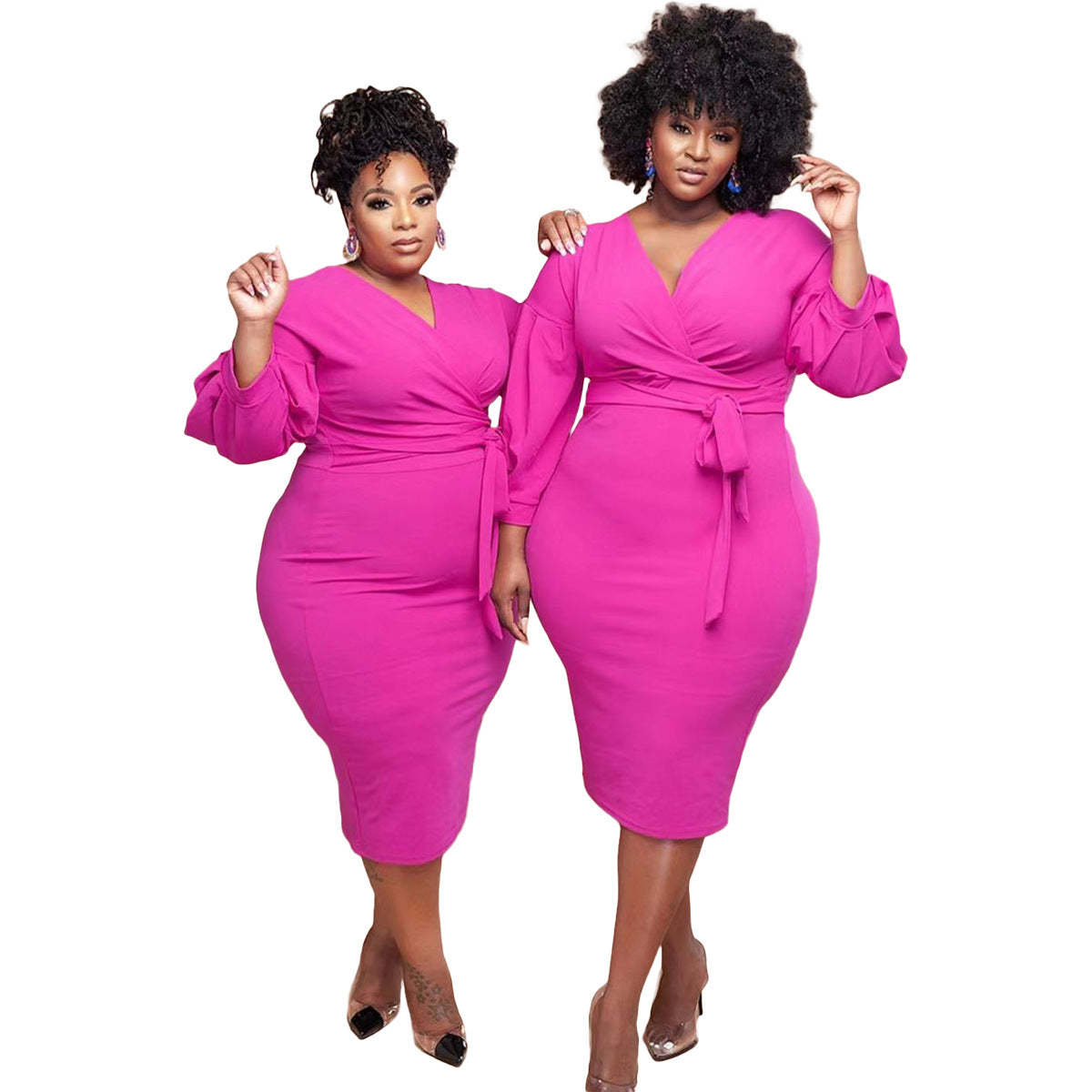 Plus Size Dress Women V Neck Bandage Solid Color Casual Puff Sleeve-xinru