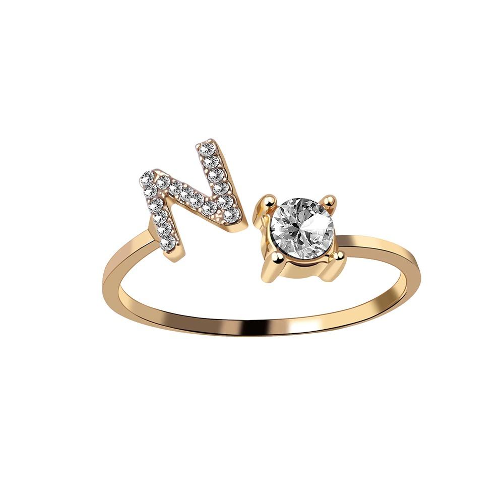 Golden Adjustable A-Z Personalized Initial Letter with Rhinestone Rings-xinru