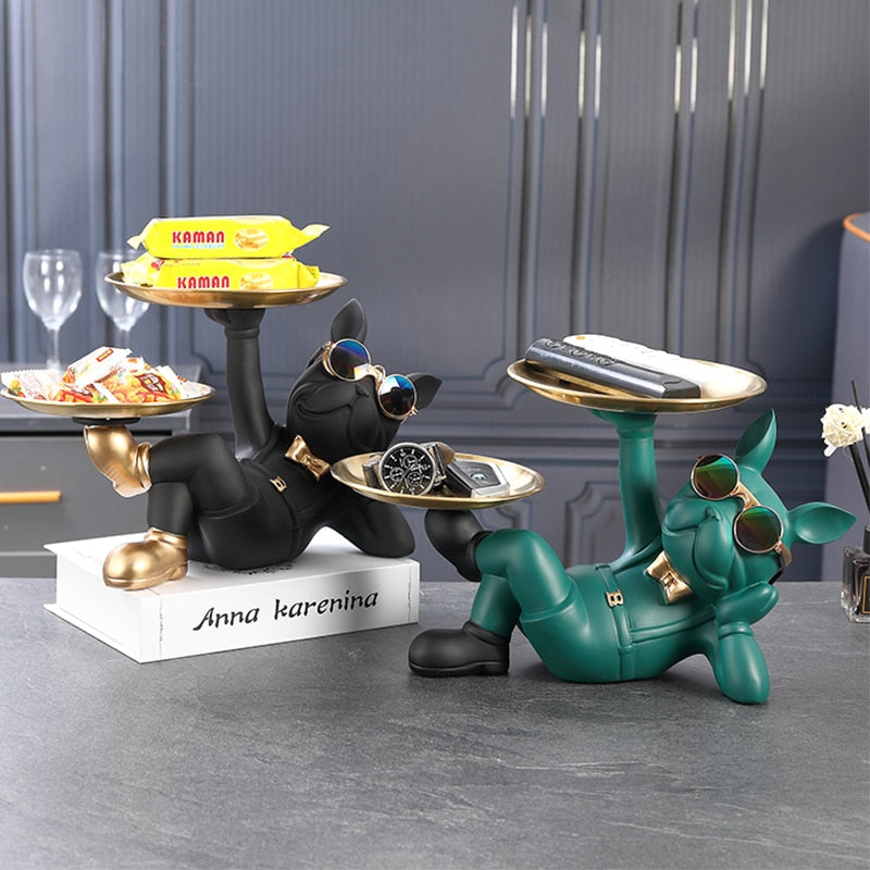 Resin Decorated Dog Butler Statue With Tray-xinru
