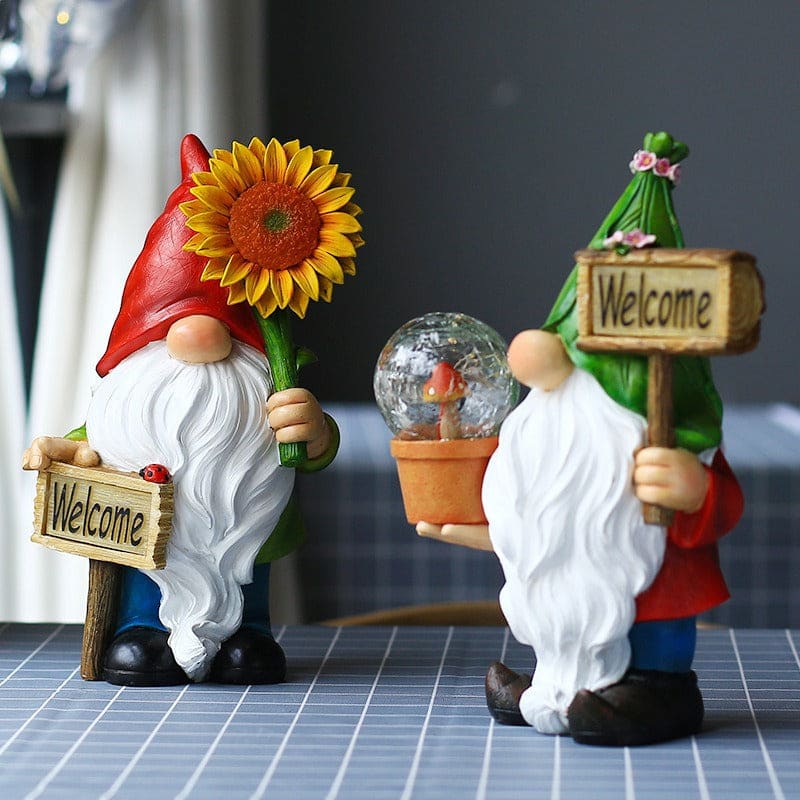 Garden Gnomes Statue With Solar Lights Figurines Holding Welcome Sign-xinru