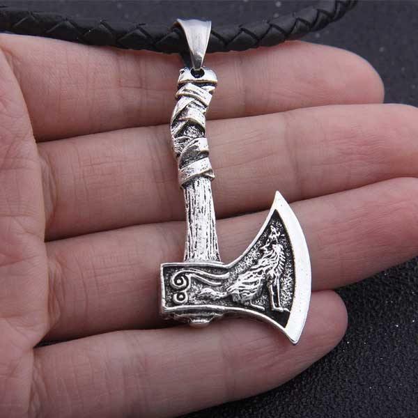 Mens Viking Wolf Raven Axe Pendant Necklace Stainless Steel Chain-xinru