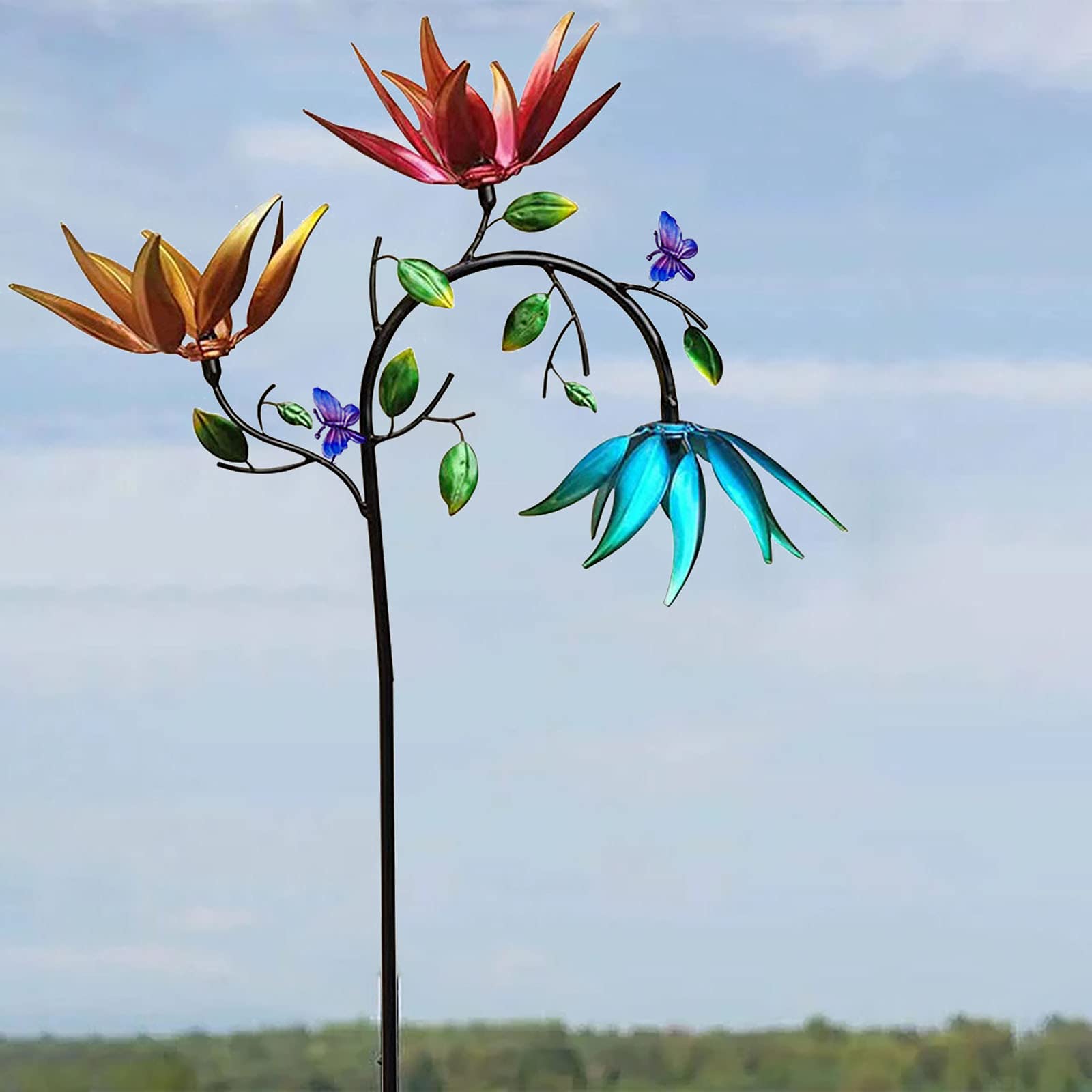 Large Metal Wind Spinner with Three Spinning Flowers And Butterflies-xinru