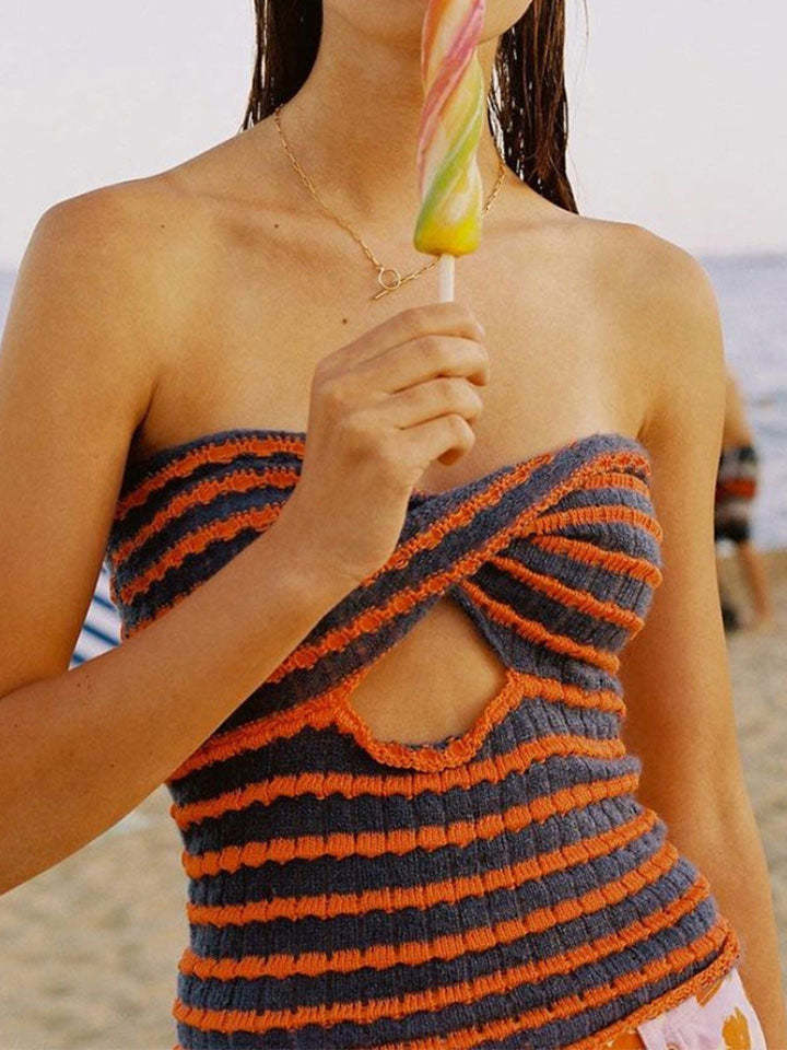 Women's Strapless Knitted Crop Top Hollow Out Backless Sexy Tank Tops-xinru