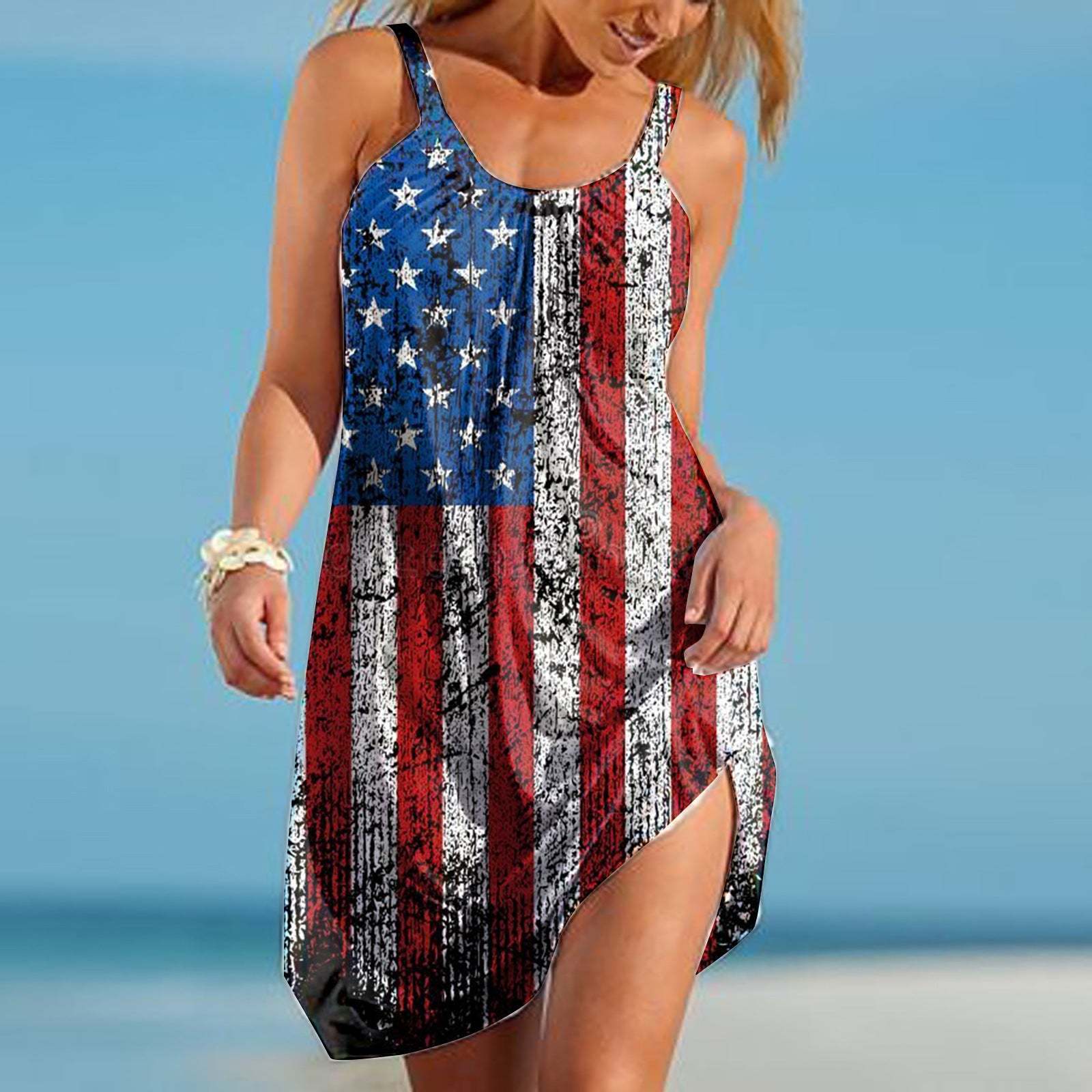 Womens American Flag Print Sundress Ladies Summer Beach Sleeveless Short Dress-xinru