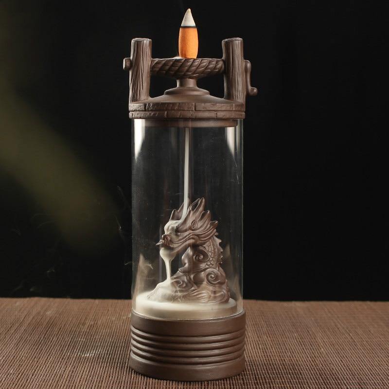 Ceramic Backflow Incense Burner Dragon LED Light With Acrylic Cover-xinru