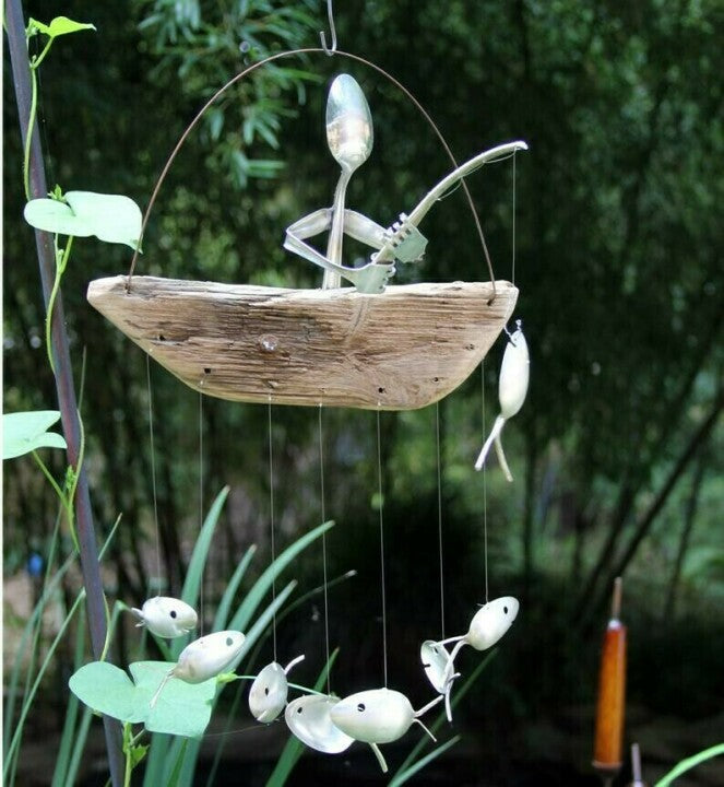 Fishing Man Spoon Fish Sculptures Wind Chime Indoor Outdoor Hanging-xinru