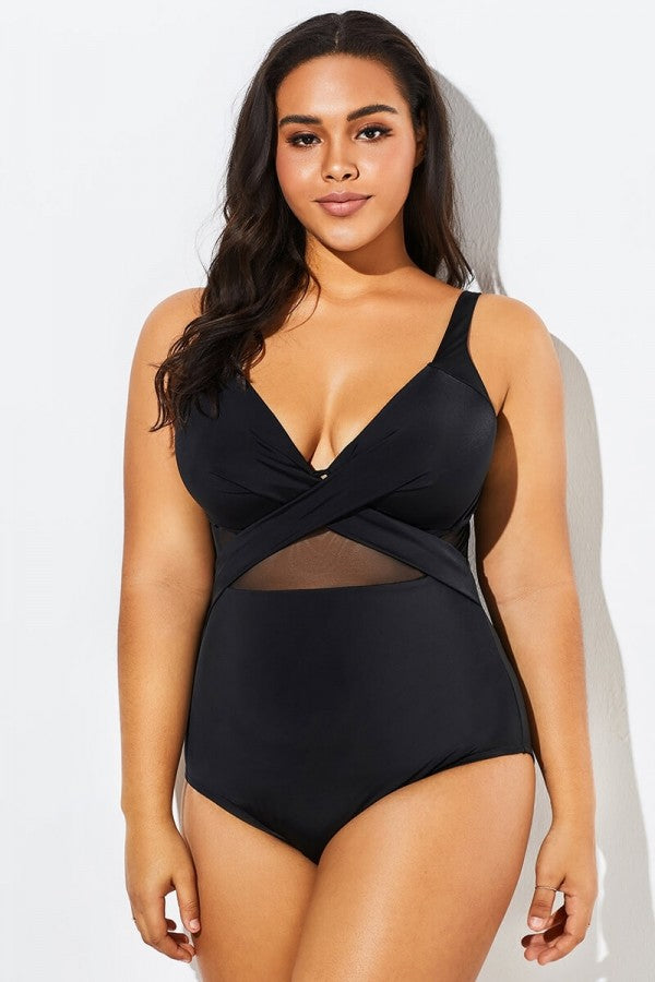 Black Cut Out Mesh Underwire One Piece Swimsuit-xinru shop