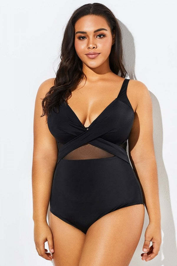 Black Cut Out Mesh Underwire One Piece Swimsuit-xinru shop