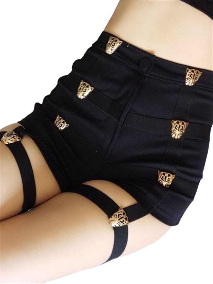 Women Punk Sexy High Waist Shorts With Decorated Metal Leopard-xinru