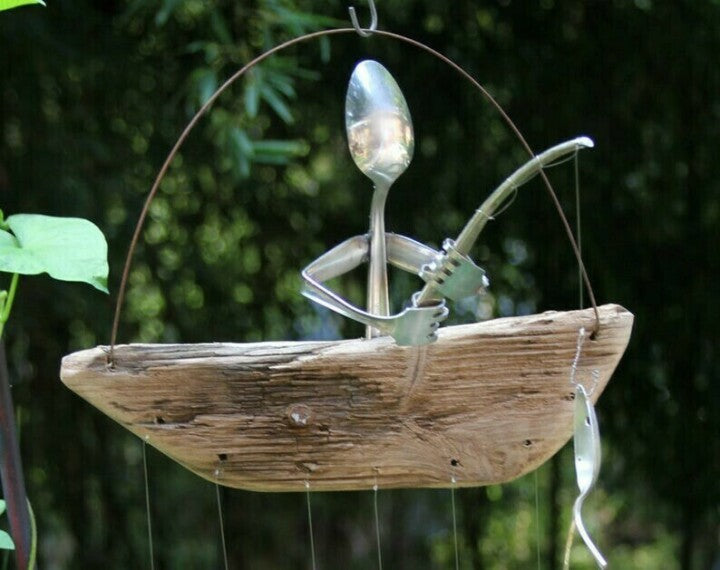 Fishing Man Spoon Fish Sculptures Wind Chime Indoor Outdoor Hanging-xinru