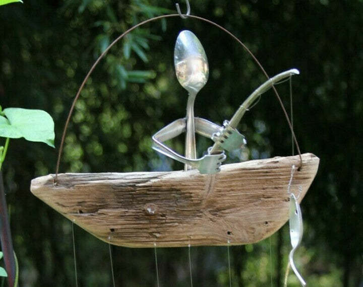 Fishing Man Spoon Fish Sculptures Wind Chime Indoor Outdoor Hanging-xinru