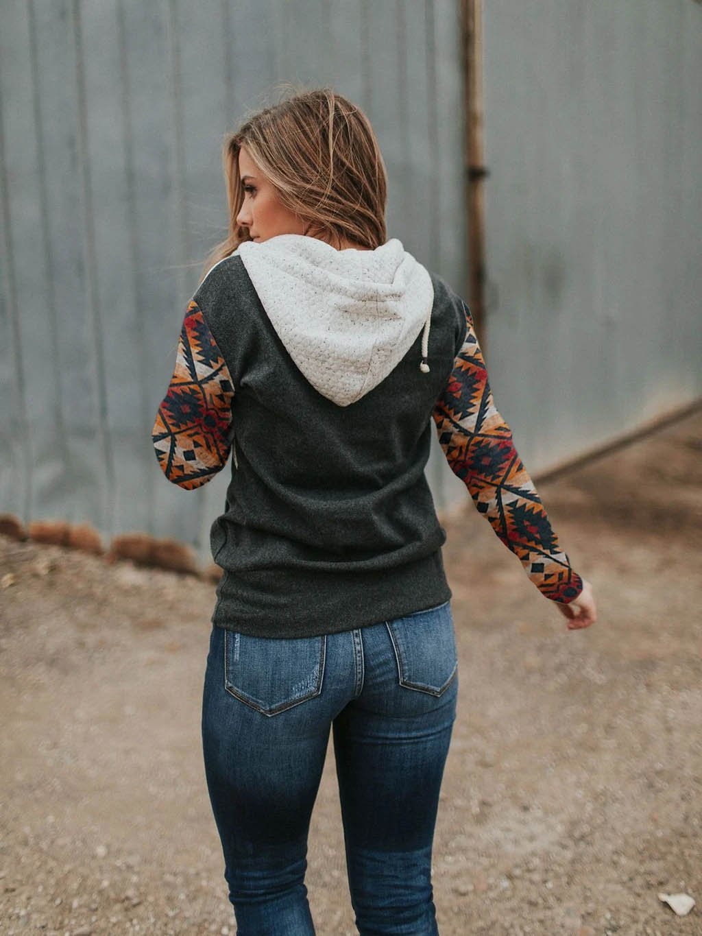 Women's Yellowstone Western Print Hood Collar Colorblock Pocket Sweatshirt-xinru shop