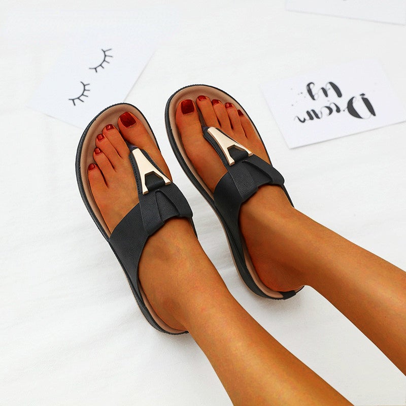 Women Summer Sandals Solid Color Flip Flops Outdoor Wedge Soft Slippers-xinru