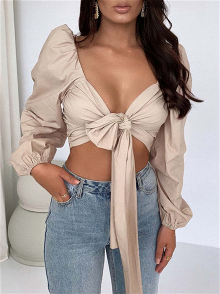 Women Sexy Fashion Lace-up Bow Crop Tops-xinru