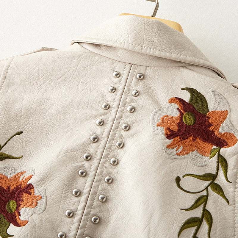 Retro Floral Print Embroidery Faux Soft Leather Jacket-xinru