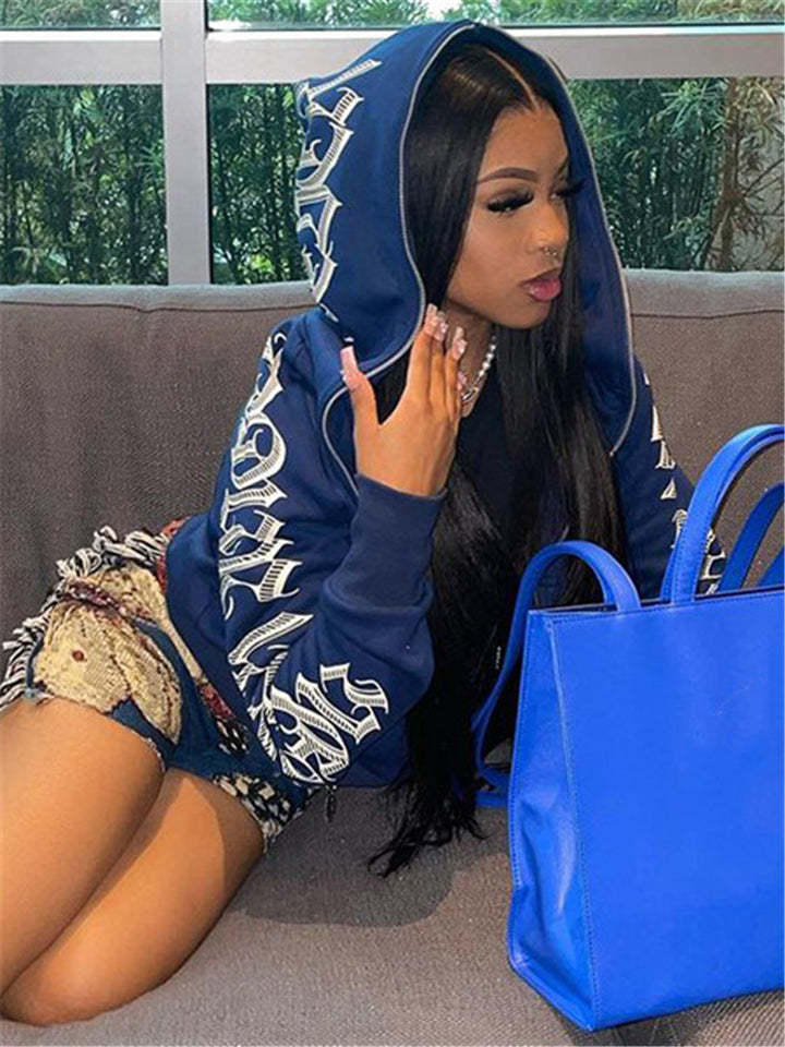 Women Zip Up Hoodie Streetwear Letters Printed Sweatshirts-xinru