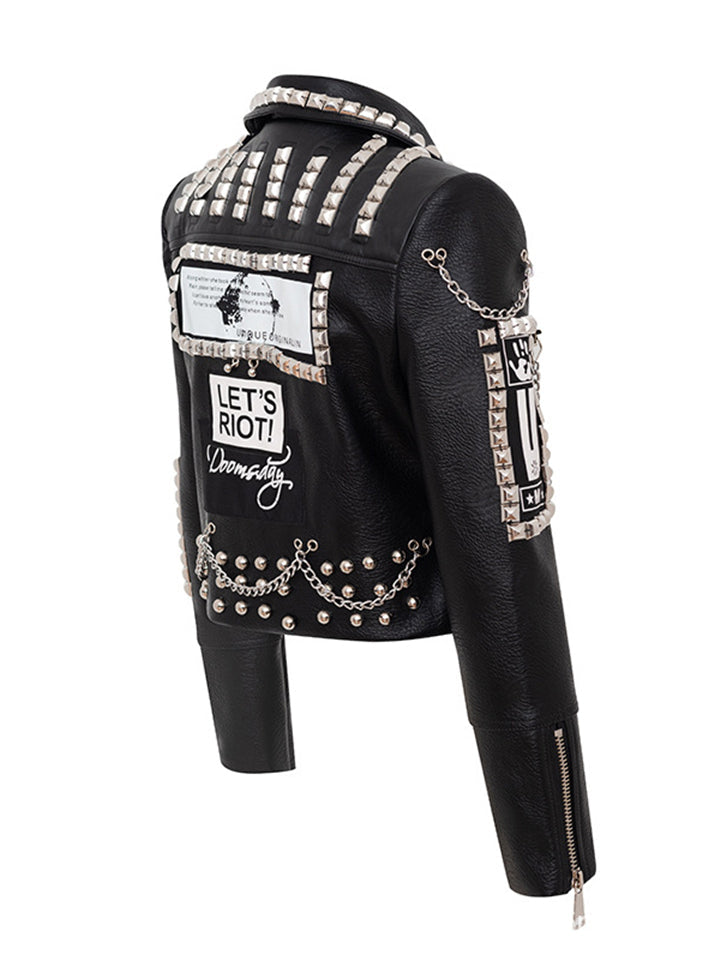 Women Locomotive Cool Punk Style Black Leather Jacket With Chains Rivets-xinru