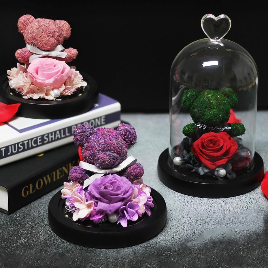 Immortal Preserved Rose Teddy Bear Glass LED Display-xinru