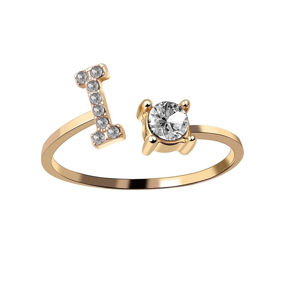 Golden Adjustable A-Z Personalized Initial Letter with Rhinestone Rings-xinru